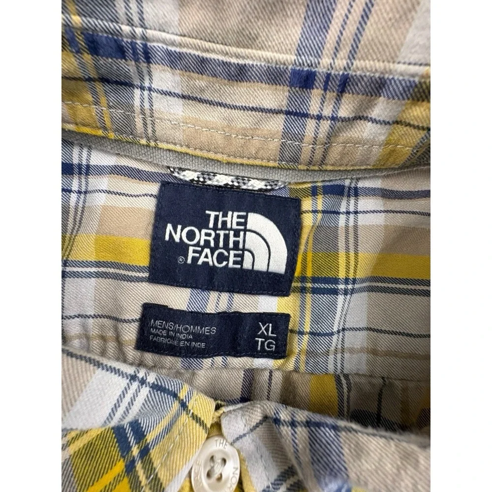 The‎ North Face Mens XL Plaid Short Sleeve Button Up Shirt Yellow Blue Cotton